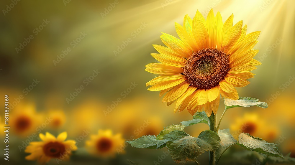 Fototapeta premium Vibrant Sunflower in Sunlight Displaying Yellow Petals and Green Leaves in a Blurred Field Background