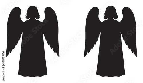  Two identical angel silhouettes standing side by side with large feathered wings silhouette