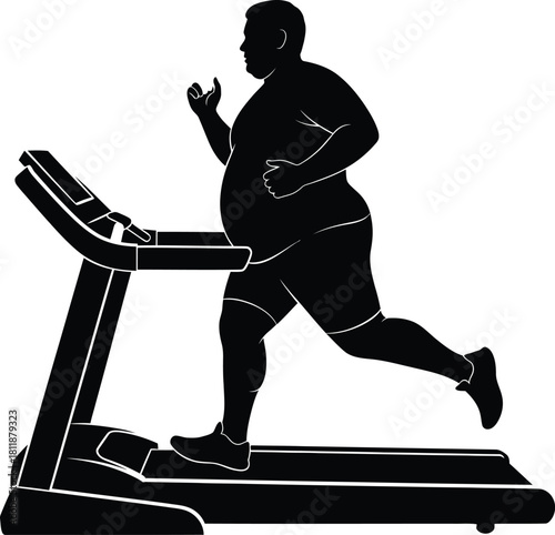 Silhouette of an overweight man running on a treadmill, symbolizing weight loss and fitness journey Vector, illustration