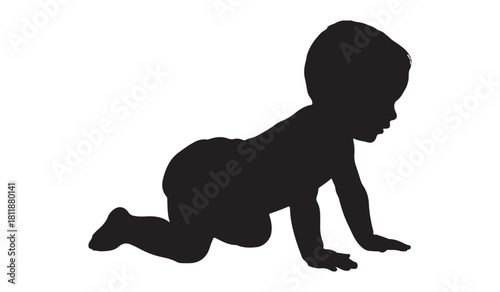  A baby crawling forward in a black silhouette against a white background silhouette
