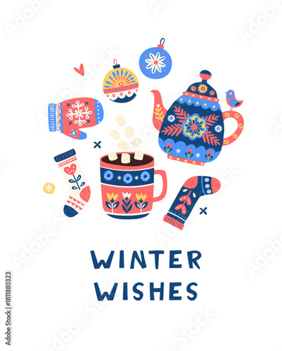 Warm Winter Hygge Set with Teapot, Mug, Mittens and Ornaments, Cozy Holiday Illustration