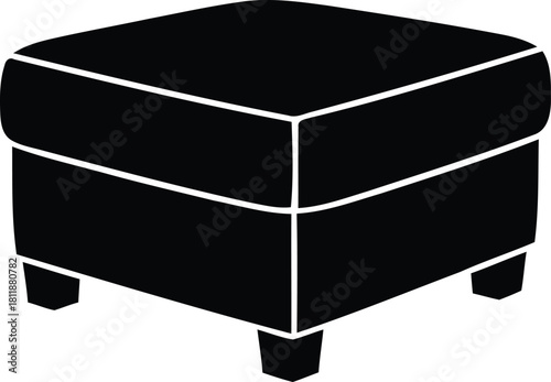 A simple black silhouette of a square ottoman with four short legs, isolated on a white background. Vector, illustration