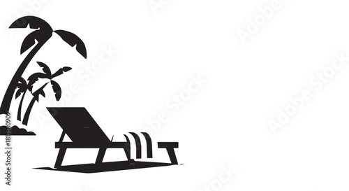 Serene Silhouette Beach Scene Featuring Palm Trees and Sun Loungers on White Background.