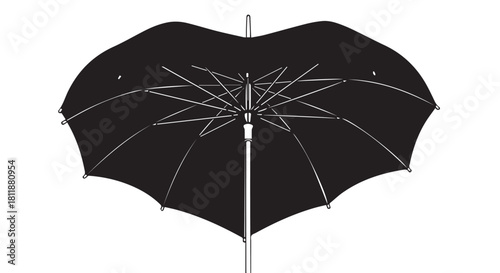 Black open umbrella with metal ribs and handle, simple parasol showcased against plain background, minimalist fashion accessory.