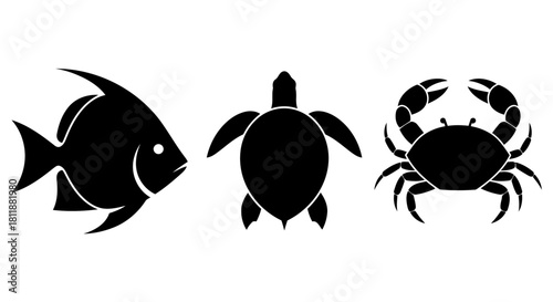 Sea Creatures Fish, Turtle, and Crab Icons