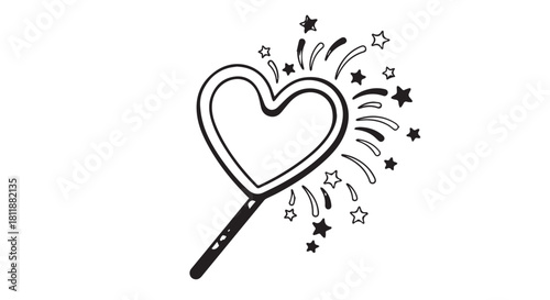 Whimsical illustrated wand with a heart and sparkling stars, a playful magical symbol of love.