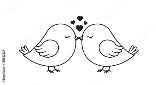 Two droll birds share a loving kiss in a minimalist black and white line drawing.