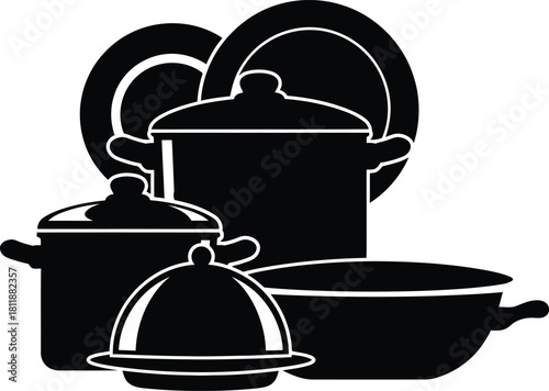 Assortment of kitchen cookware, pots, pans, and serving dish with lid, isolated silhouette on white background Vector, illustration