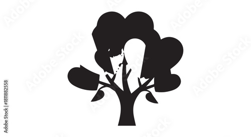Silhouette of a lone tree with branches and leaves in black on white background.