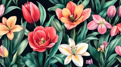 Enchanting botanical arrangement featuring tulips and lilies against a dark backdrop