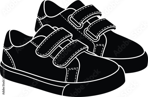 Pair of children's black velcro sneakers isolated on white background, simple clean design for kids Vector, illustration