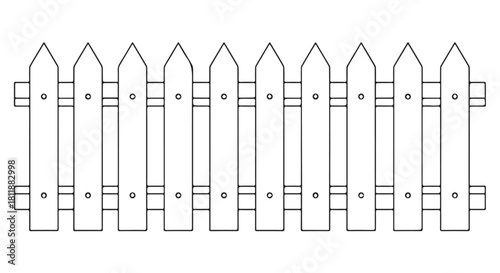Line of white picket fences forms a neat boundary with evenly spaced posts and gates along a simple outdoor scene.