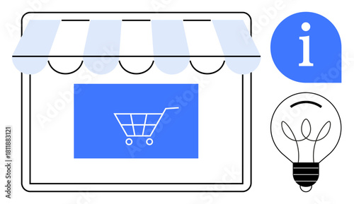 Digital storefront with striped awning and shopping cart on screen, light bulb icon, and information bubble. Ideal for e-commerce, innovation, online shopping, digital marketing, creativity