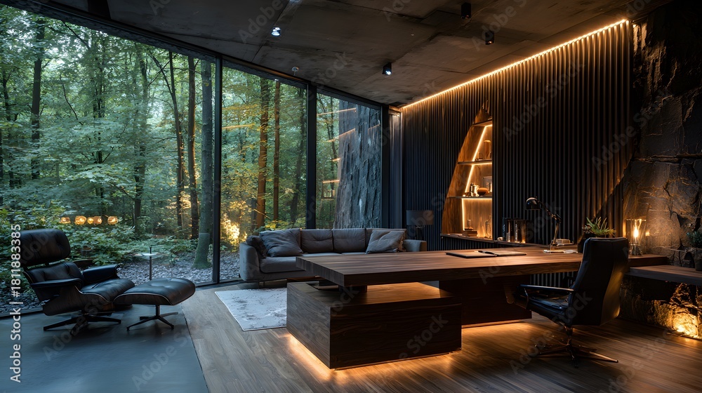 Fototapeta premium Sophisticated and moody modern office at night features a dark wood desk, a black leather chair, and minimalist walls with warm, integrated light.