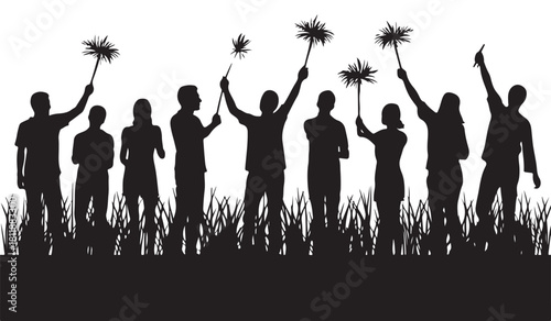  Diverse group of people holding dandelions in a field silhouette