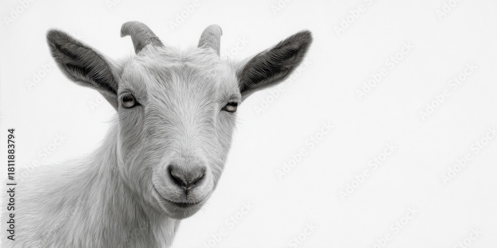 Fototapeta premium Portrait of a white goat with curved horns on a white background