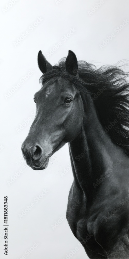 Fototapeta premium Majestic black horse portrait with flowing mane on light background