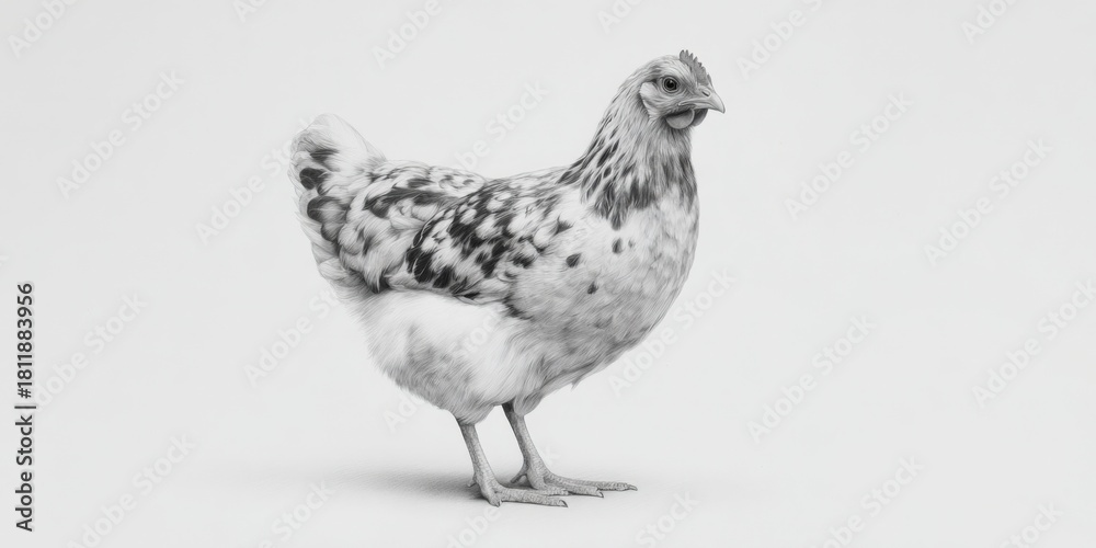 Obraz premium Detailed black and white sketch of a chicken with spotted feathers