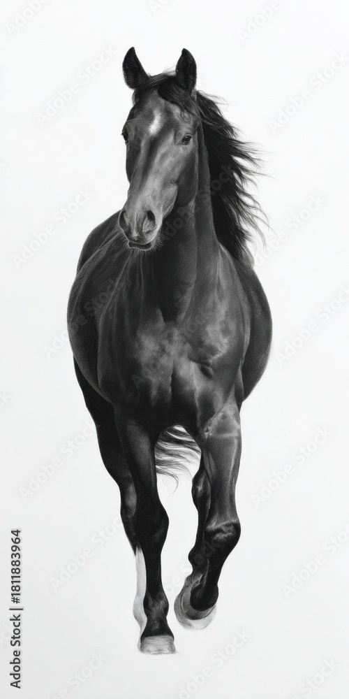 Obraz premium Majestic black horse in motion with flowing mane on white background