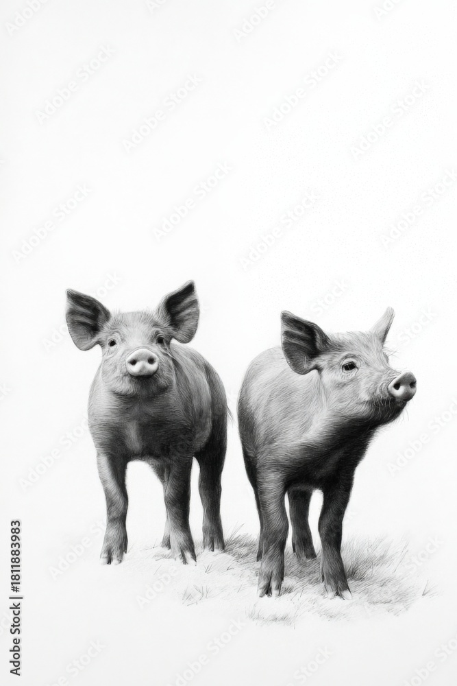 Fototapeta premium Two young pigs standing on grass in black and white illustration
