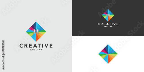 Digital colorful abstract icons, elements and symbols with initial M logo, template