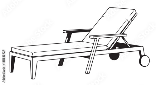 Simple line drawing of a reclining chaise lounge with wheels and armrests.