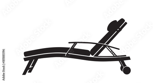 Silhouette of a reclining lounge chair on wheels, illustrating a minimalist outdoor furniture design for relaxation and leisure use.