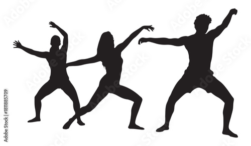  Three diverse people in dynamic dance poses silhouette against a white background