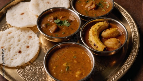 Wallpaper Mural South Indian thali with idli banana sweets and curries served on an ornate brass plate Torontodigital.ca