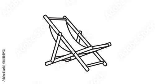 Minimal line drawing of a foldable wooden deckchair in an outdoor setting for leisure and relaxation.