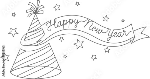 Minimalist line art illustration of happy new year with party hats and stars