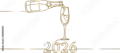 Golden 2026 new year celebration with champagne bottle pouring into a glass line art