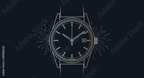 Elegant gold watch illustration on a dark background with radiating light bursts