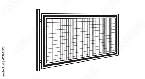 Open metal mesh gate with frame and hinges in perspective.