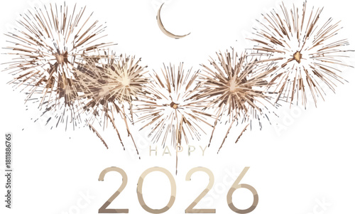 Golden fireworks and crescent moon celebrate happy new year 2026 in dark sky