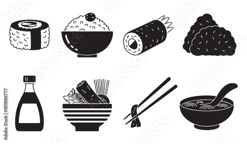  Collection of japanese food items in a clean black and white silhouette style