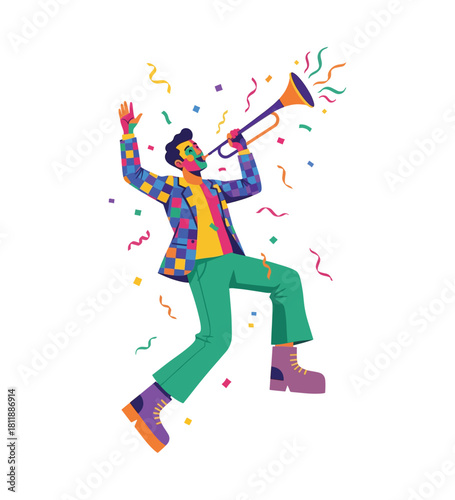Joyful celebration with a colorful trumpet player and confetti rain, a festive atmosphere perfect for parties, events, or expressing pure happiness