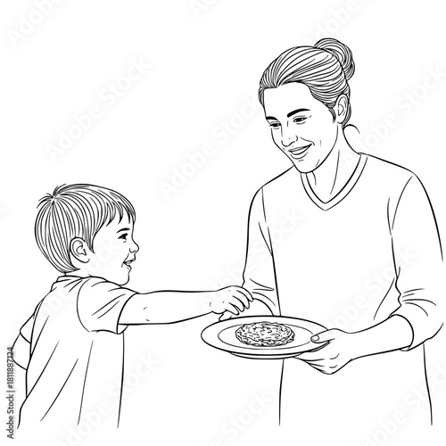 Young boy sharing food with smiling woman in casual setting  