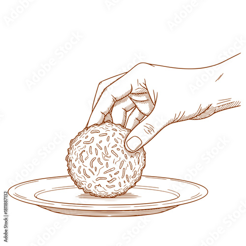 A hand holding a round falafel with sprinkles over a plate