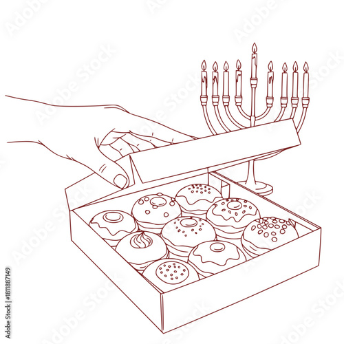 Hand opening box of donuts next to menorah for Hanukkah celebration - Hanukkah cookies tray box 