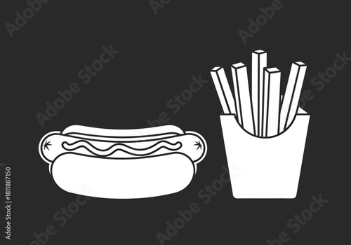 White line art of a hot dog and french fries on a dark background