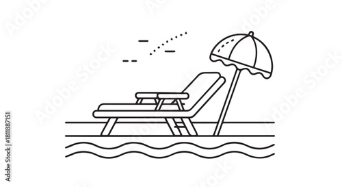 Relaxing beach chair under umbrella by calm sea and sandy shore on a sunny day.