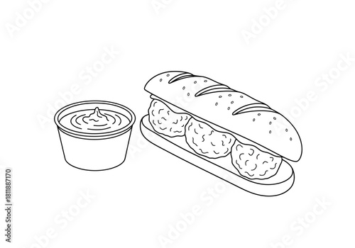 Black and white drawing of a meatball sub sandwich and a side of dipping sauce