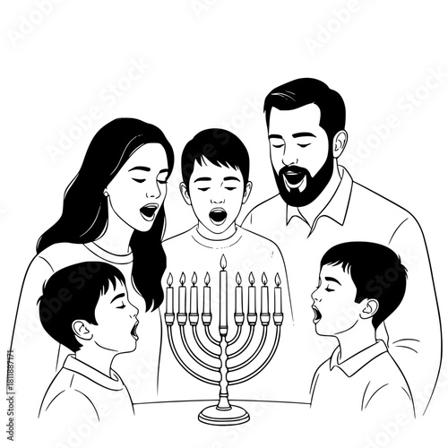 Family celebrating Hanukkah while singing around menorah  