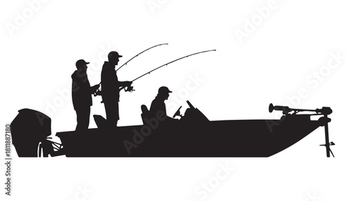  Three people fishing from a boat with fishing rods silhouette