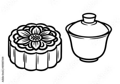 Black and white line art of a mooncake and a lidded teacup