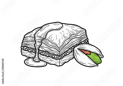 Black and white illustration of baklava drizzled with syrup beside an open pistachio nut