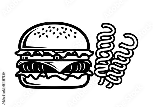 Black and white line art of a hamburger next to two spiralcut french fries