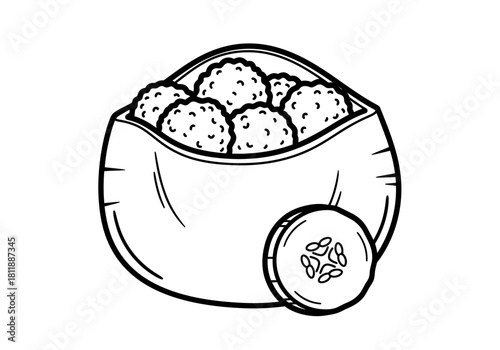 Black and white line drawing of a bag of falafel balls with a cucumber slice