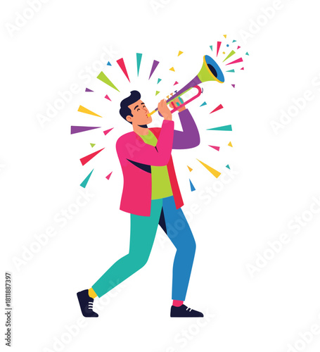 Celebrate vibrant moments with this jubilant trumpet player radiating joy and musical energy perfect for festivals, parties, and lively events promo